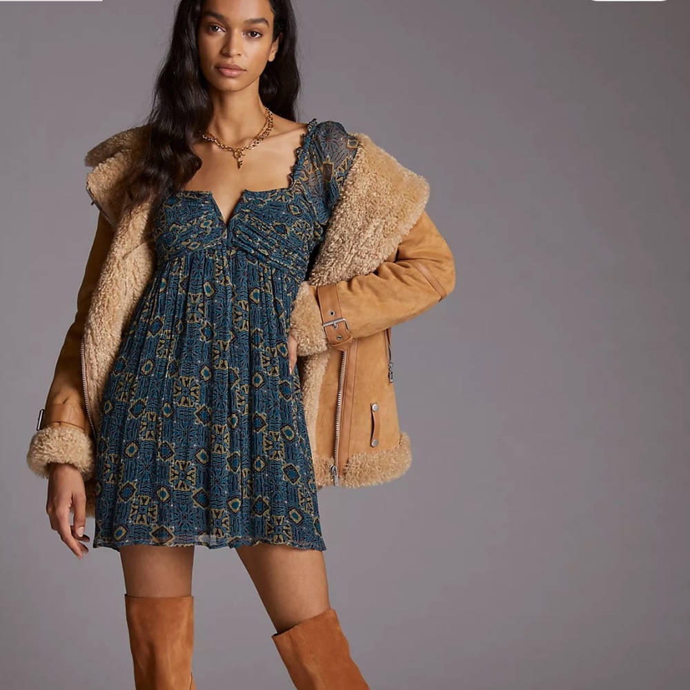Anthropologie Blue and Tan Patterned Dress